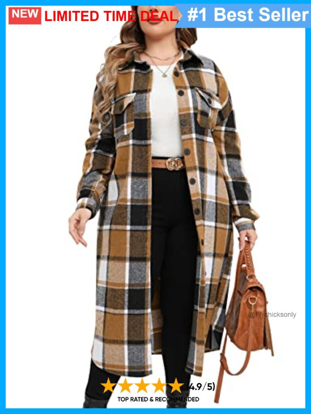 Plus Size Long Flannel Shacket Oversized Button Down Coat with Pockets